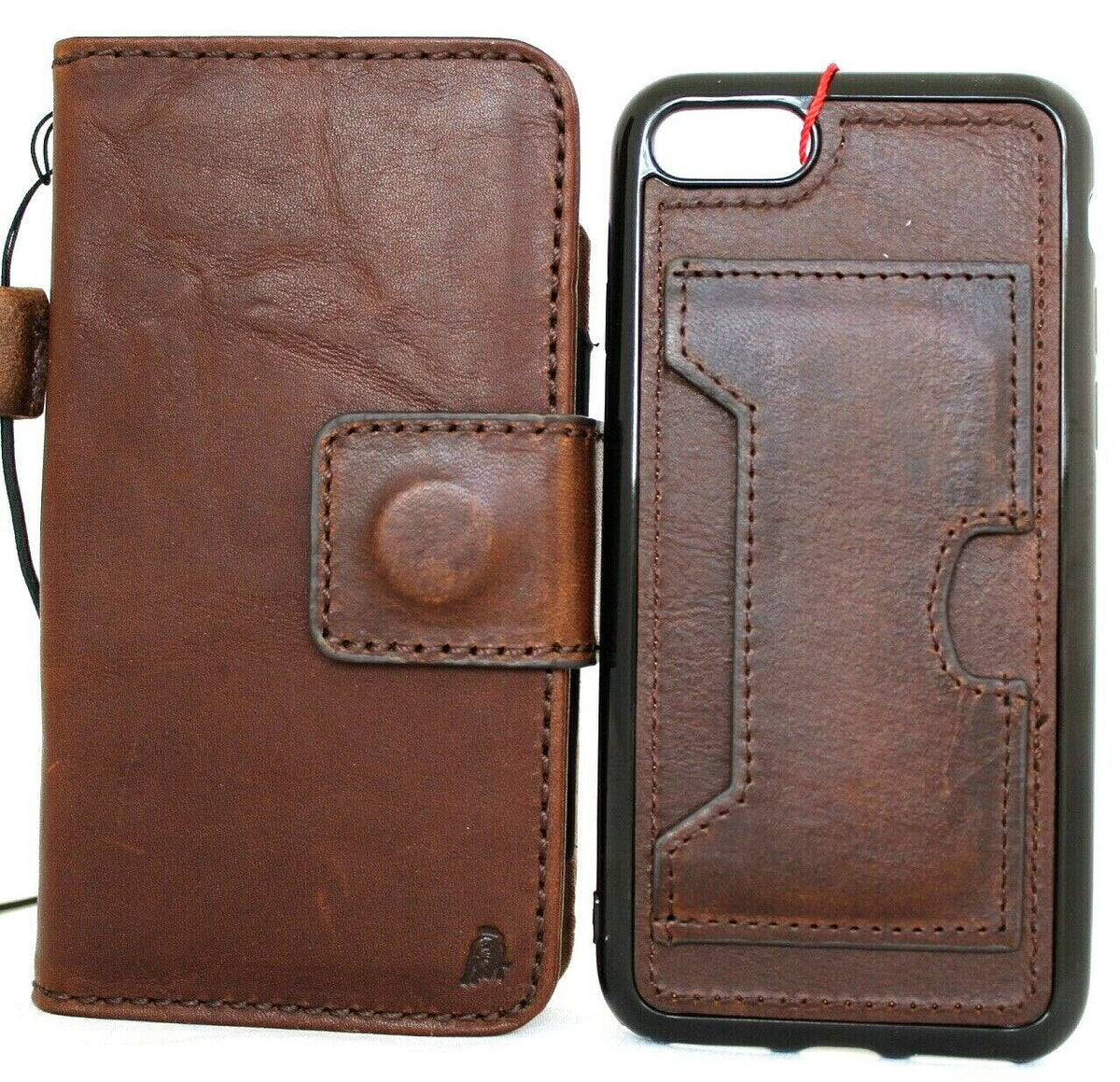 Dark leather iPhone SE 2 case by DAVISCASE with removable card wallet, ID window, rubber strap, and wireless charging compatibility.