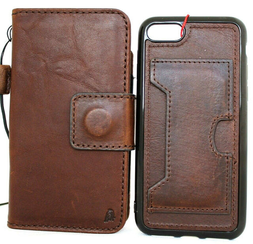 Dark leather iPhone SE 2 case by DAVISCASE with removable card wallet, ID window, rubber strap, and wireless charging compatibility.