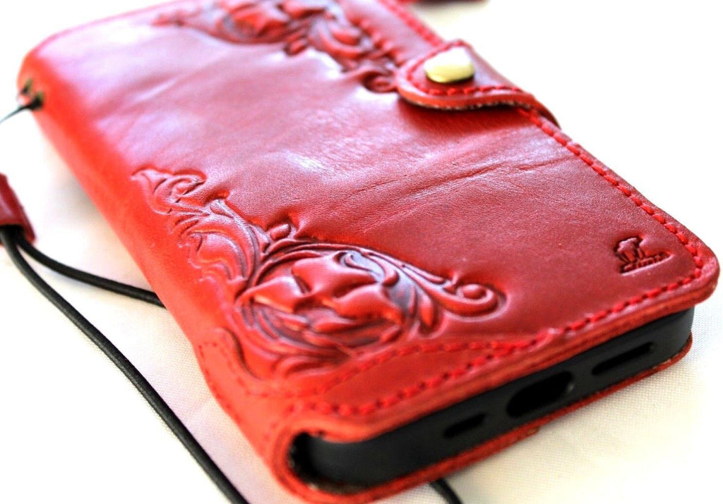 Handmade genuine leather phone case for Samsung Galaxy S22 S21 S20 S23 S24 S25 Ultra FE Plus, vintage red wallet style cover.