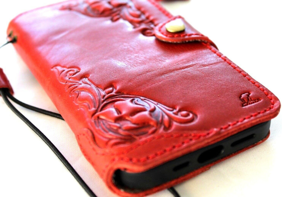 Handmade genuine leather phone case for Samsung Galaxy S22 S21 S20 S23 S24 S25 Ultra FE Plus, vintage red wallet style cover.