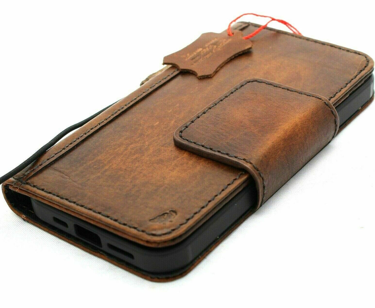 Genuine dark vintage leather iPhone 12 case by DAVISCASE with book wallet design, credit card slots, soft cover, magnetic closure.
