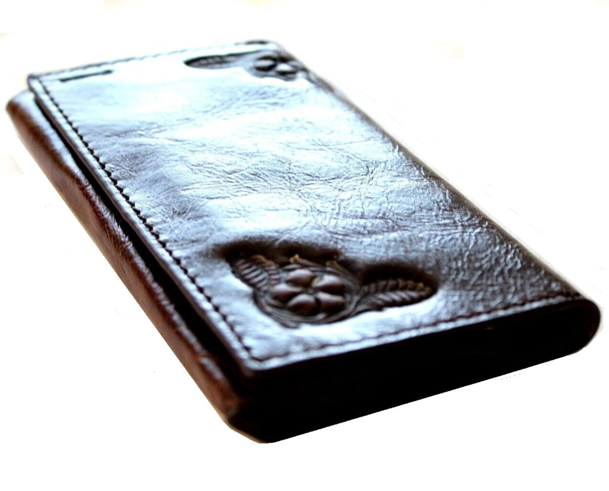 DavisCase genuine leather phone wallet case for iPhone 12-14 Pro and X, vintage stamped design with credit card slots and removable cover