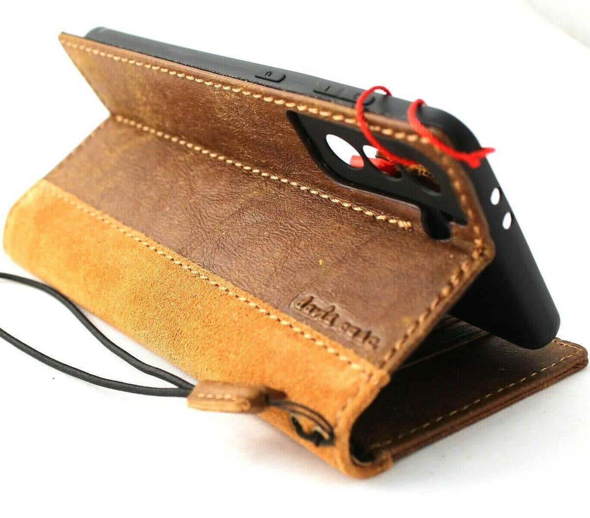 DavisCase genuine soft leather Galaxy S21 Plus 5G wallet case with card slots, ID window, tan suede style, wireless charging compatible
