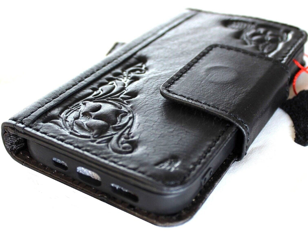 Handmade genuine leather phone case for iPhone 11-15 Pro Max, vintage style with ID window and credit card slots by DAVISCASE.
