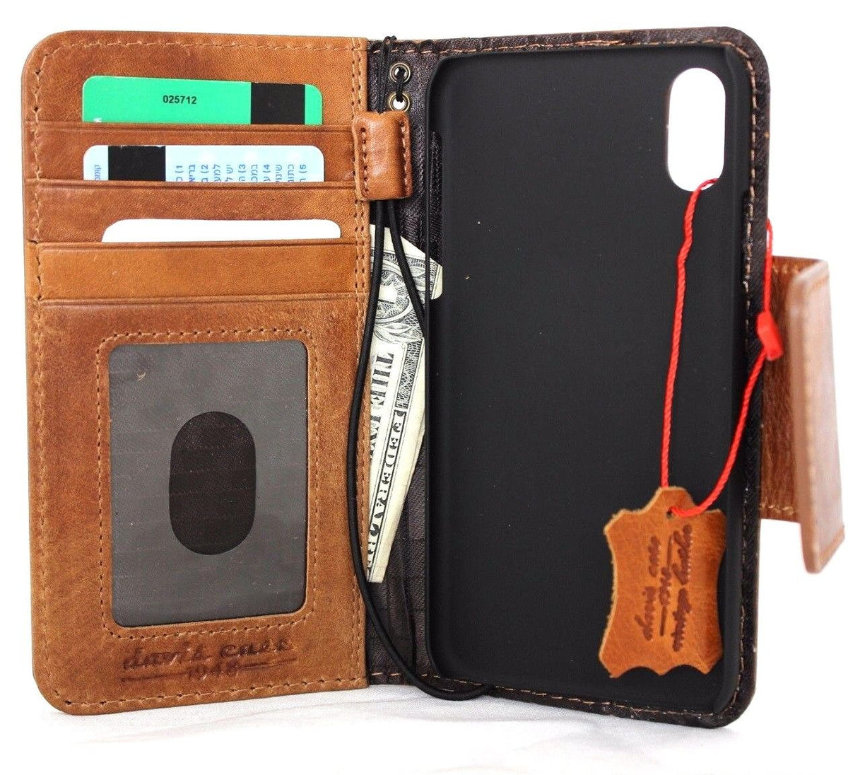 Bright brown genuine leather iPhone X wallet case with magnetic closure, card slots, slim vintage design, handmade by Daviscase
