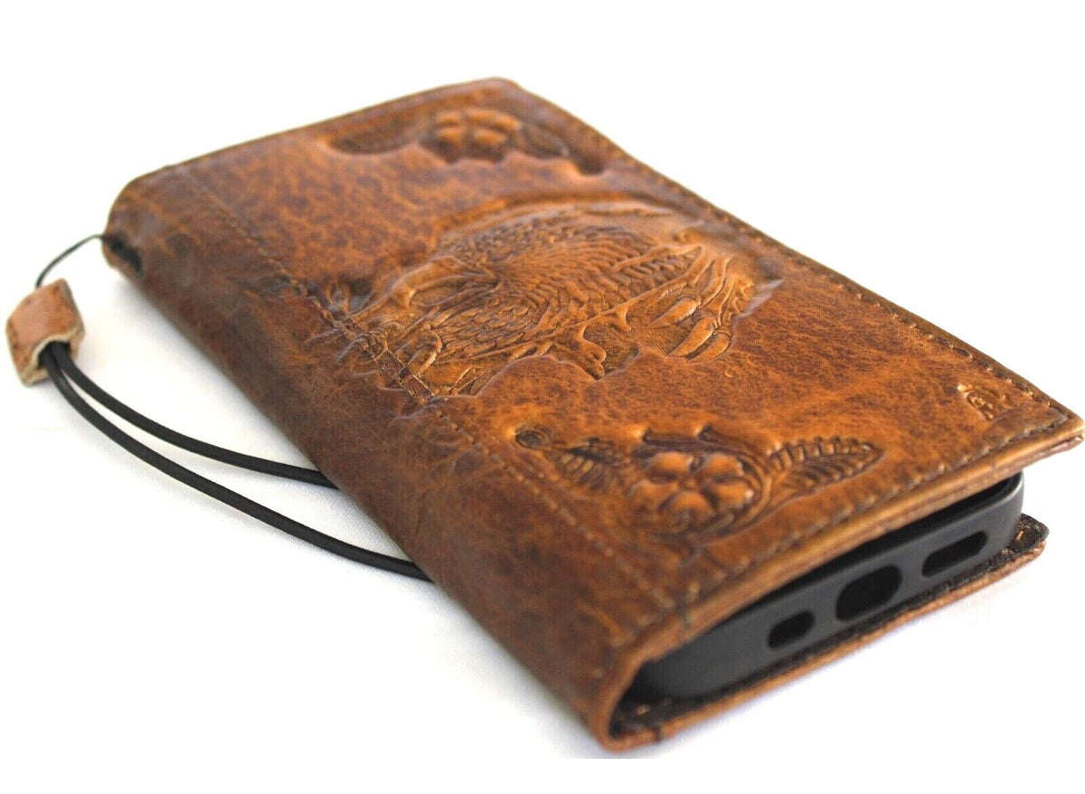 Handmade genuine leather phone case by DAVISCASE for iPhone 17, 16, 11, 12, 13, 14, 15 Pro Max with vintage tan finish and card slots.