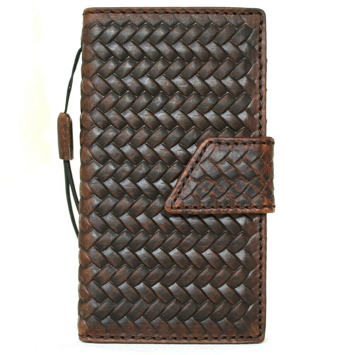 Dark leather wallet case for Apple iPhone 11 Pro by DAVISCASE with ID window, credit card slots, vintage design, and wireless charging.