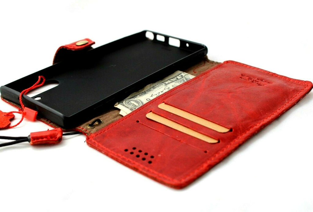 Red genuine leather flip wallet case for Samsung Galaxy Note 10, handcrafted by DAVISCASE, featuring a slim design and strap.