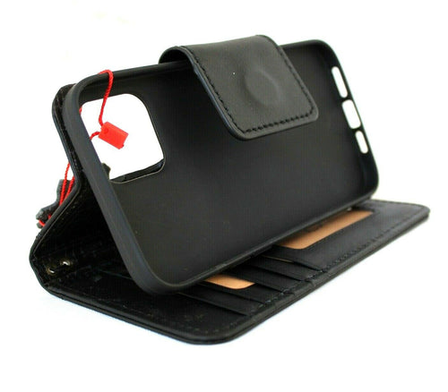 Black genuine leather iPhone 12 case with vintage book wallet design, credit card slots, magnetic closure, handcrafted by DAVISCASE.