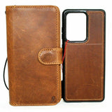 Genuine Natural Tanned Leather Case for Samsung Galaxy Note 20 Ultra book wallet Removable cover Cards ID window magnetic slim + Magnetic Car Holder Daviscase