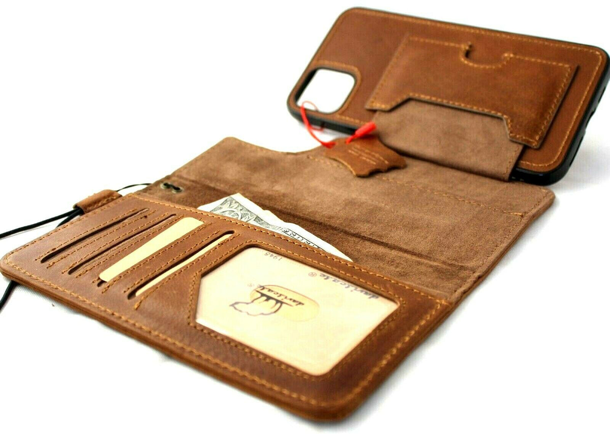 Handmade genuine full tanned leather iPhone 11 Pro Max case with wallet card slots, ID window, and soft wireless charging compatibility.