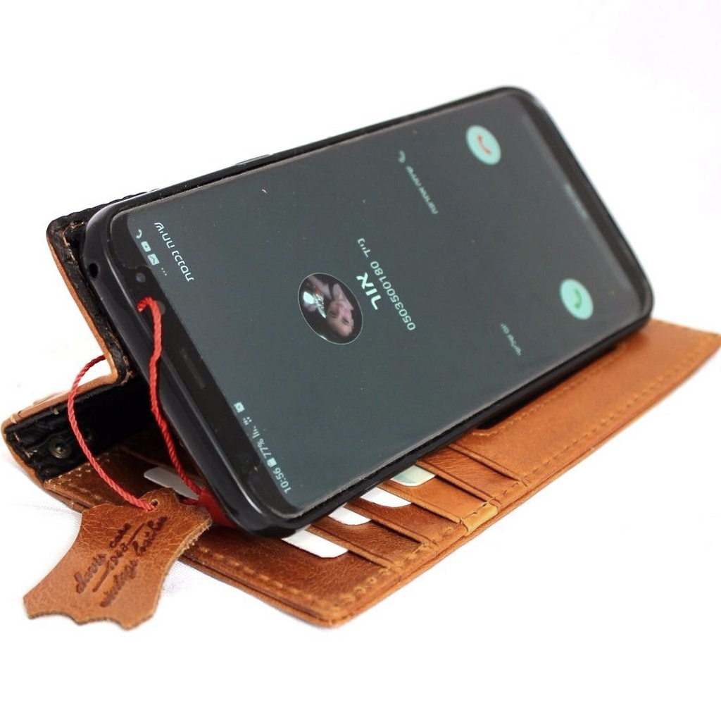Handmade light brown leather wallet case for Samsung Galaxy S8 Plus, slim vintage book-style cover with card slots.