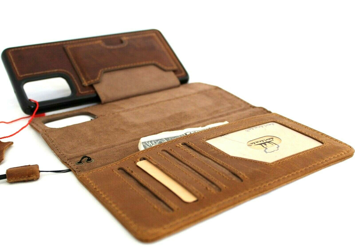 Genuine DavisCase full leather wallet case for Galaxy S20 Plus with removable slots, rubber window, and wireless charging compatibility.