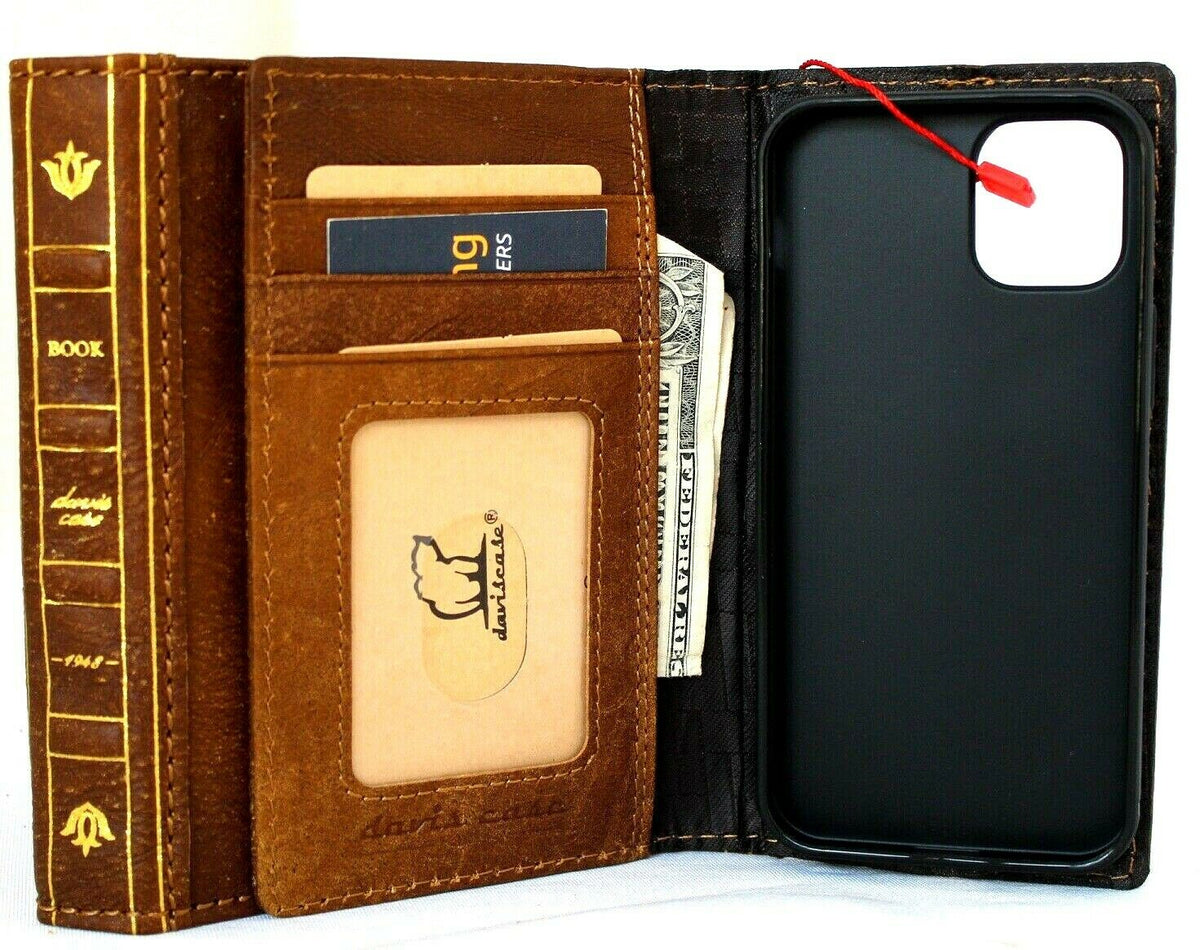 Genuine tan leather iPhone 12 Mini case by DAVISCASE, vintage-style book wallet with card slots, soft slim cover, handmade leather design