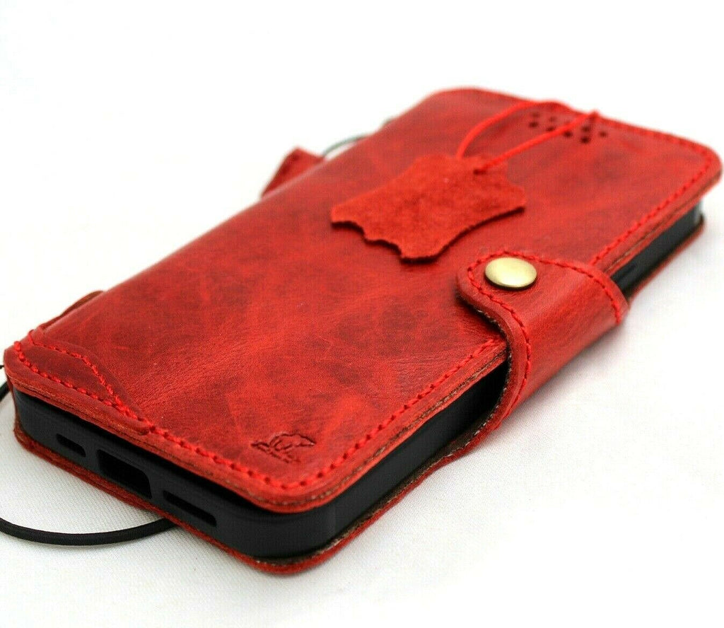 Genuine soft red leather iPhone 12 case with vintage book wallet design, credit card slots, slim full grain cover by DAVISCASE
