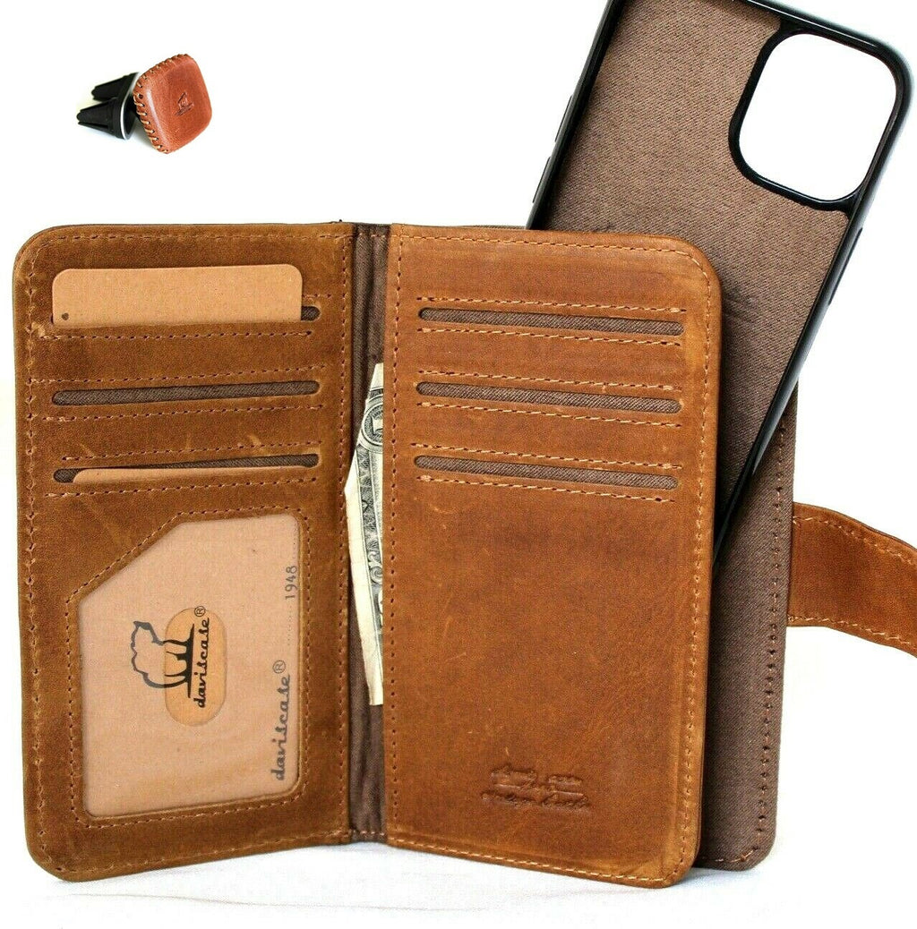 Genuine tan leather iPhone 12 Mini case by DAVISCASE with card slots, soft closure, magnetic cover, and car holder attachment.