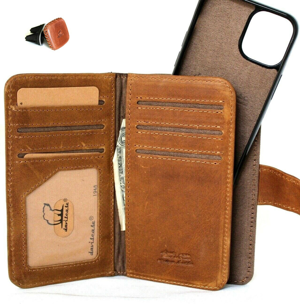 Genuine tan leather iPhone 12 Mini case by DAVISCASE with card slots, soft closure, magnetic cover, and car holder attachment.