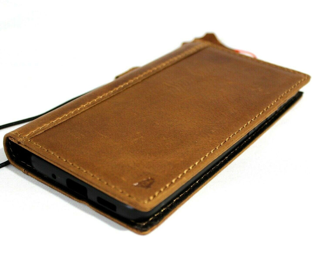 Genuine leather Samsung Galaxy S21 wallet case by DAVISCASE with card slots, ID window, rubber grip, slim tan design, wireless charging compatible