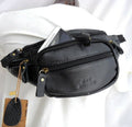 Genuine vintage leather men's wallet bag and waist pouch by DAVISCASE, black sling backpack with cellphone pocket, versatile for women and men.