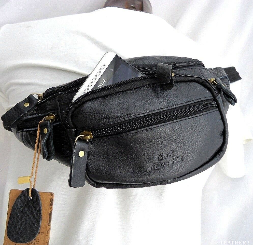Genuine vintage leather men's wallet bag and waist pouch by DAVISCASE, black sling backpack with cellphone pocket, versatile for women and men.