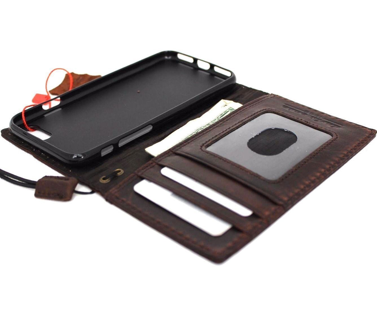 Genuine full leather iPhone 8 case with wallet design, elastic strap, slim fit, and luxury craftsmanship for wireless charging.