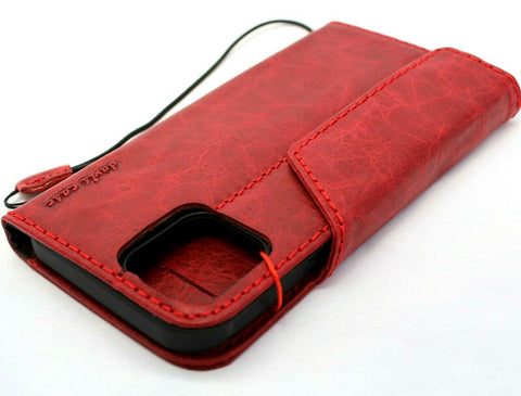 Genuine Red Leather Wallet Case For Apple iPhone 12 Pro Max Book Credit Cards Slots Soft Cover Top Grain DavisCase