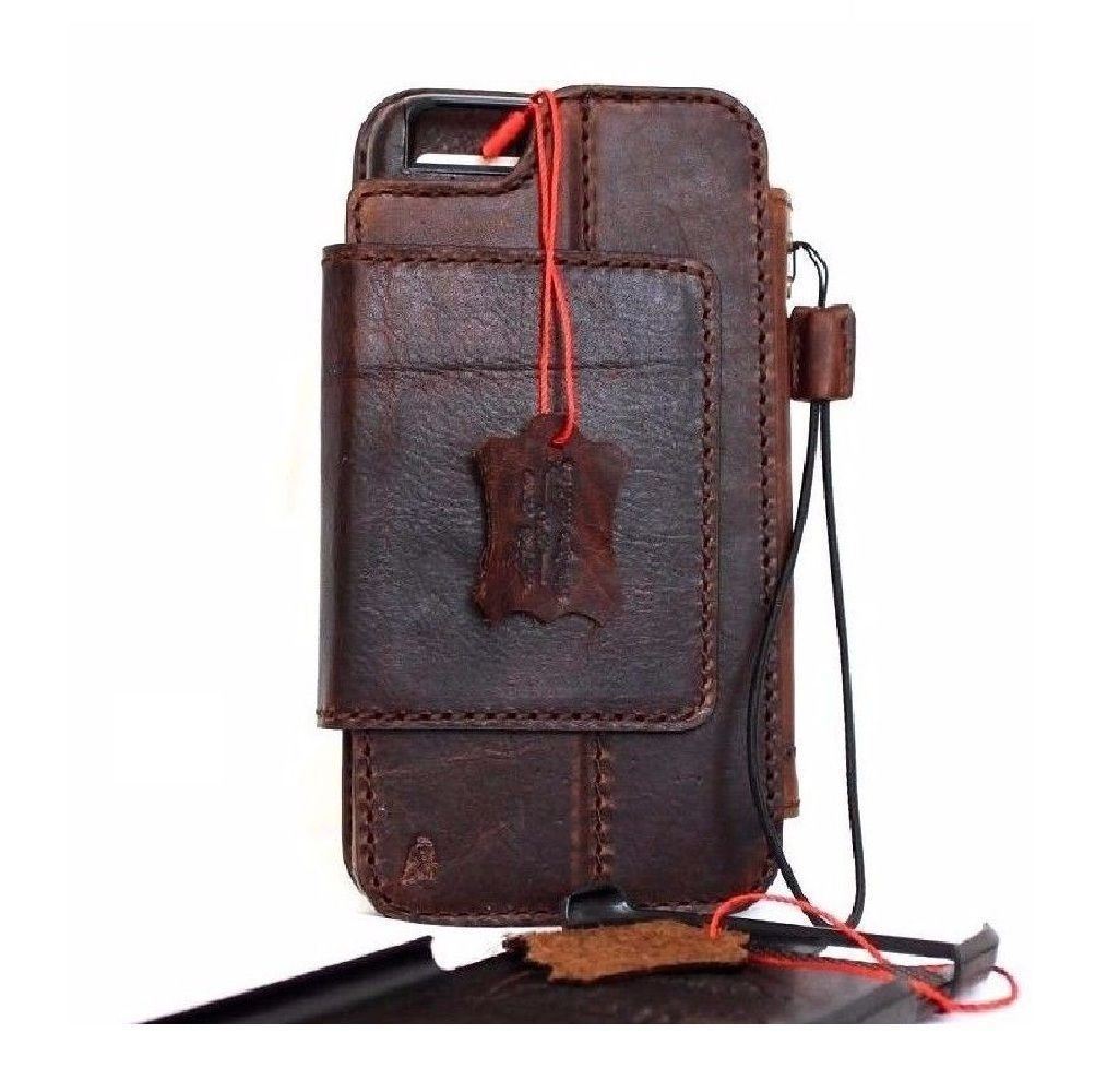 Genuine full leather iPhone 8 case by DavisCase featuring a slim book wallet design with card slots and magnetic closure in dark color