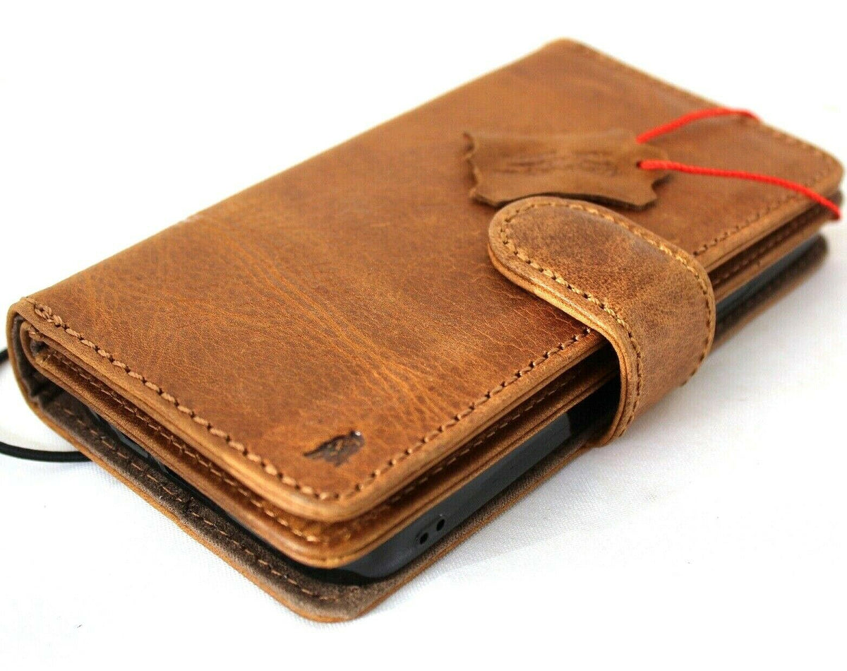 Genuine tan leather iPhone 12 Pro case with vintage design, ID window, credit card slots, soft cover, and magnetic detachable cover.