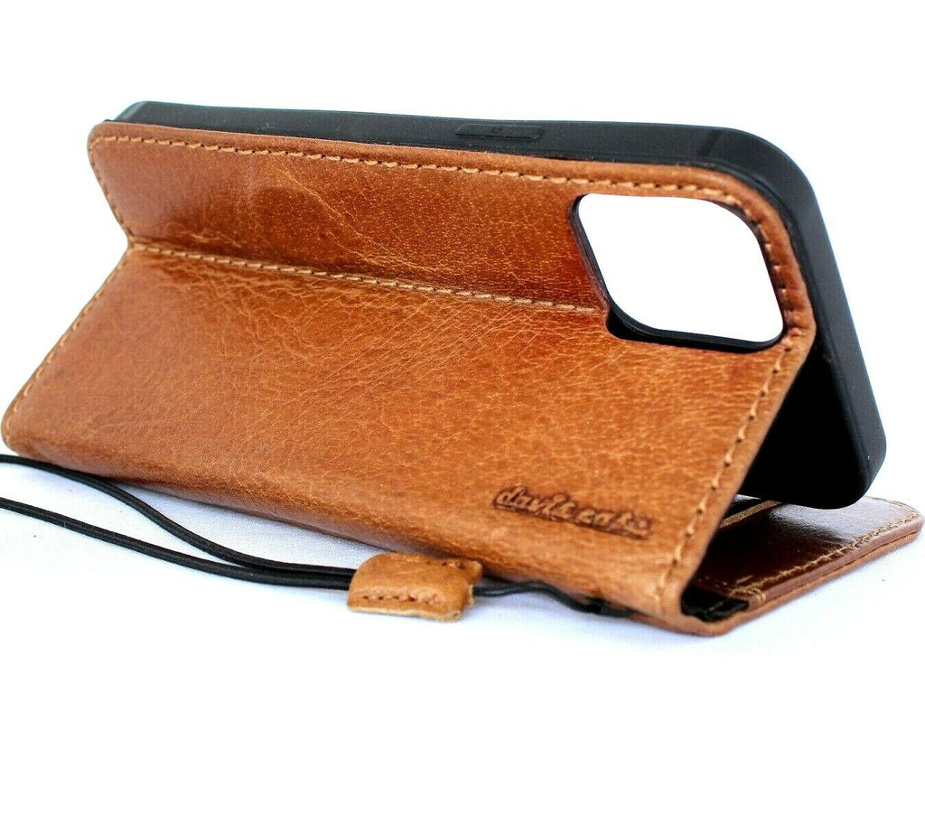 Genuine tan leather wallet case for iPhone 12 Pro Max by DAVISCASE with credit card slots and soft cover, handmade leather design.
