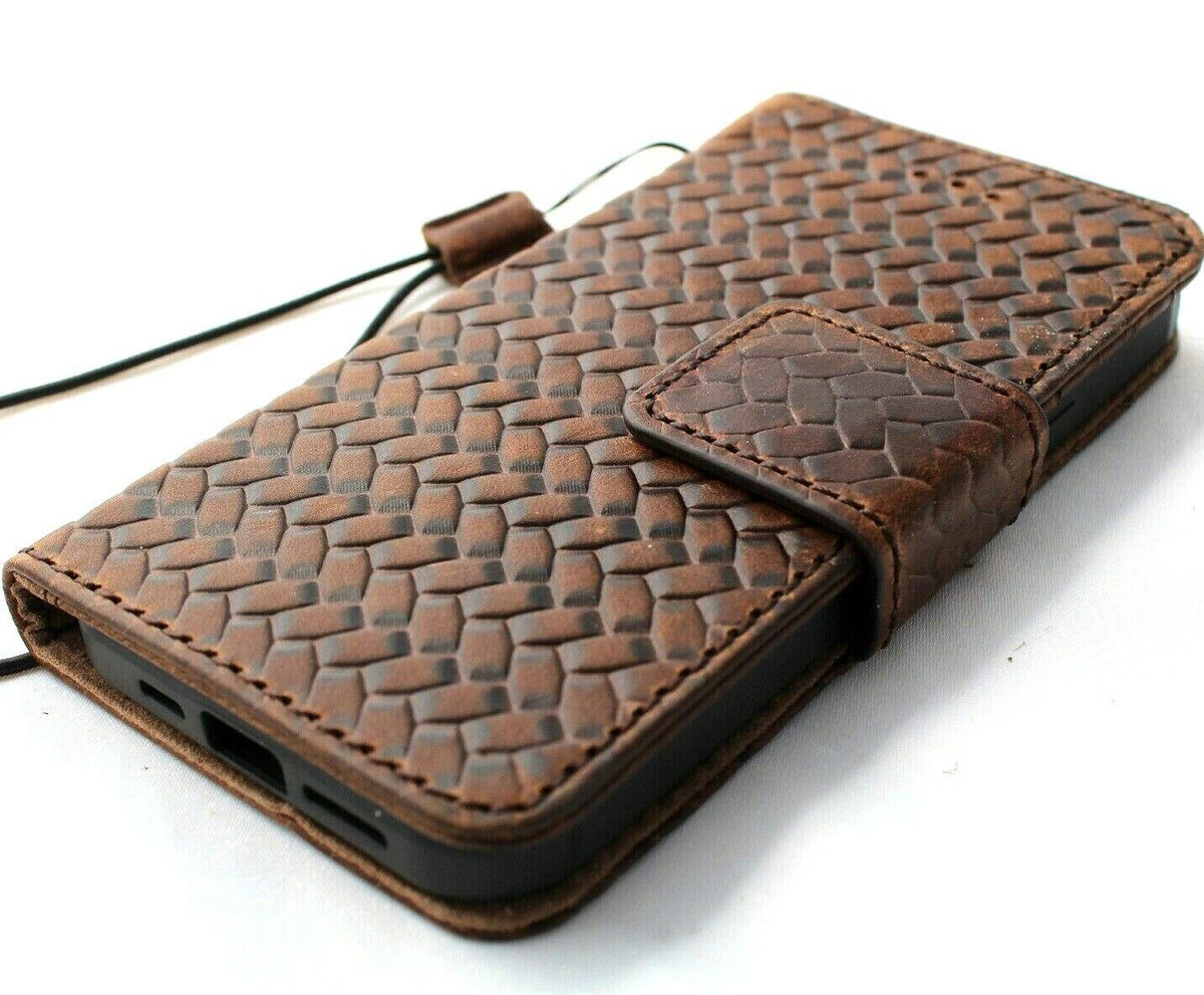 Handmade genuine dark leather iPhone 12 Pro case with wallet design, ID window, credit card slots, magnetic closure, by DAVISCASE.