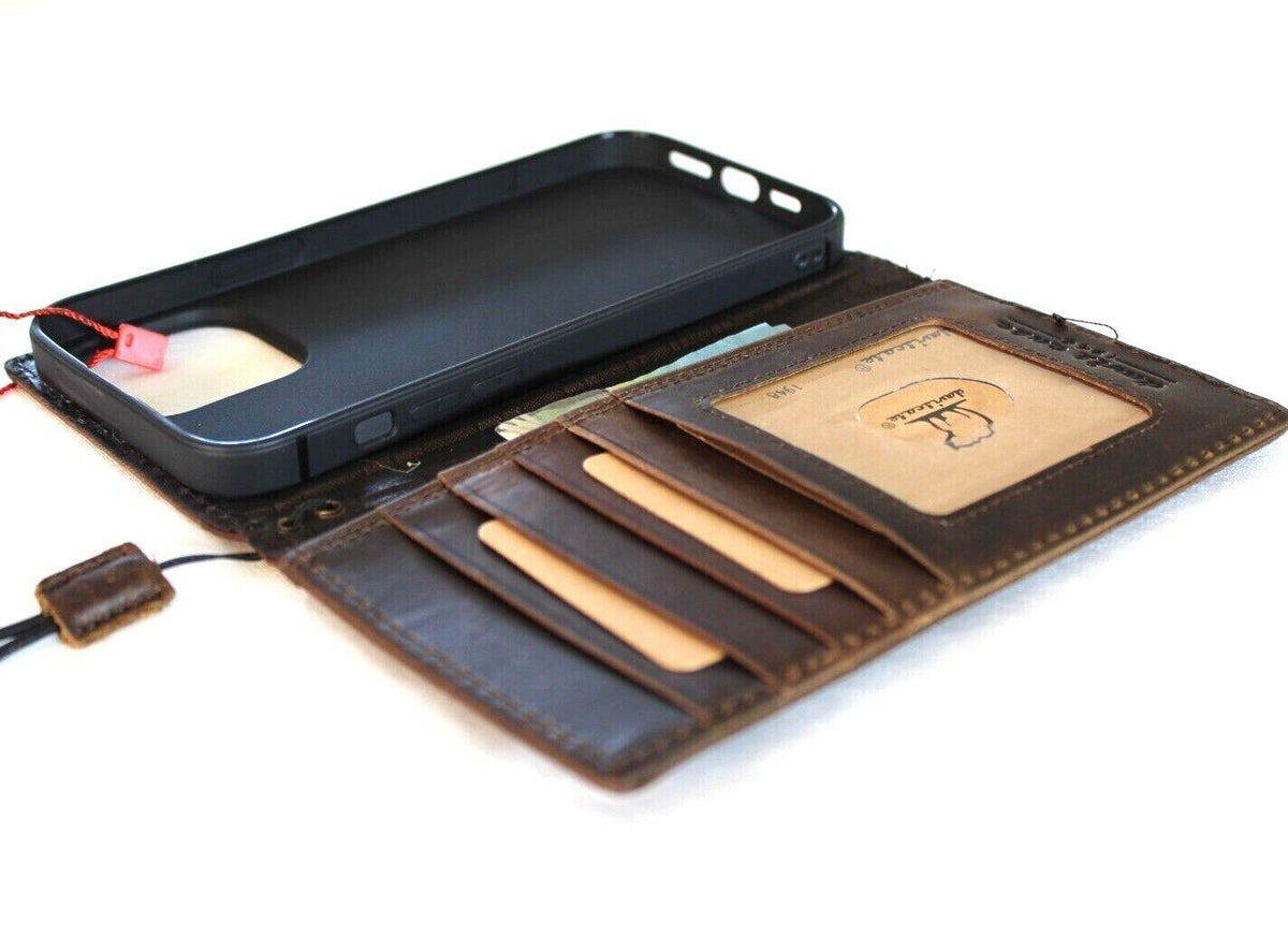 Handmade genuine leather phone case for iPhone models, vintage style with card slots, crafted by DAVISCASE.