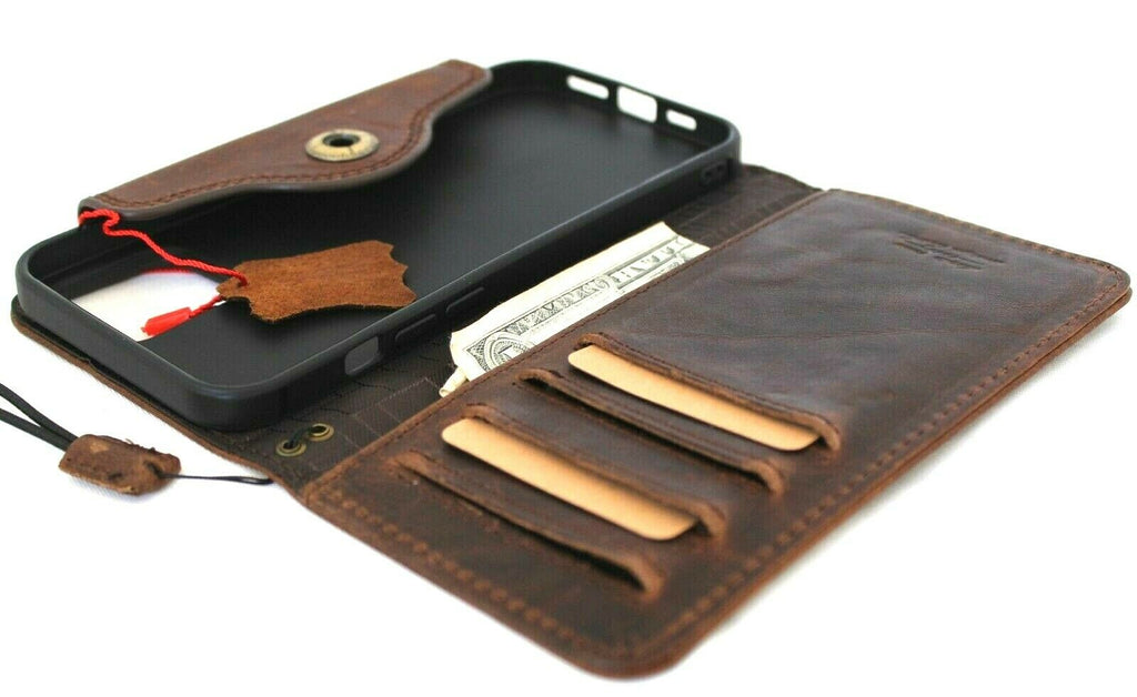 Dark genuine leather iPhone 12 Pro Max case with book wallet style, credit card slots, soft slim closure, handcrafted by DAVISCASE.