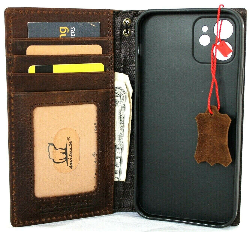 Genuine full dark leather iPhone 12 wallet case by DAVISCASE with card slots, vintage design, soft full grain leather.