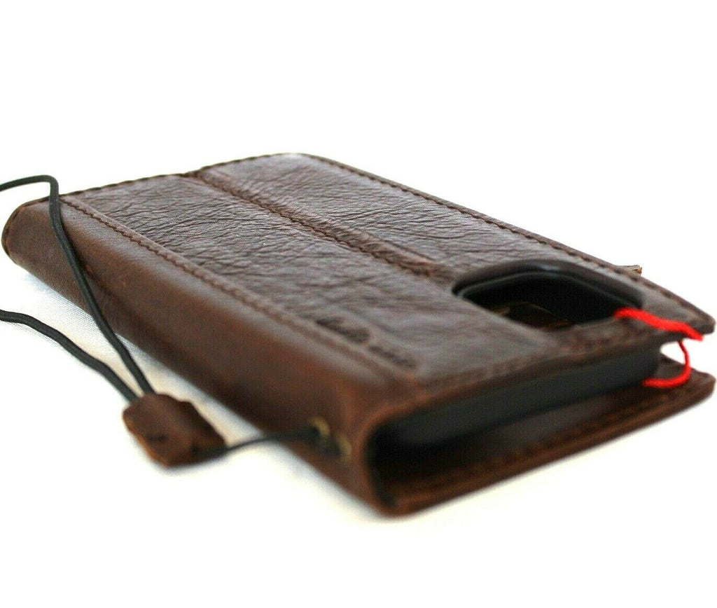 Genuine dark natural leather iPhone 12 Mini wallet case with vintage design, slim soft cover, handcrafted by DAVISCASE.