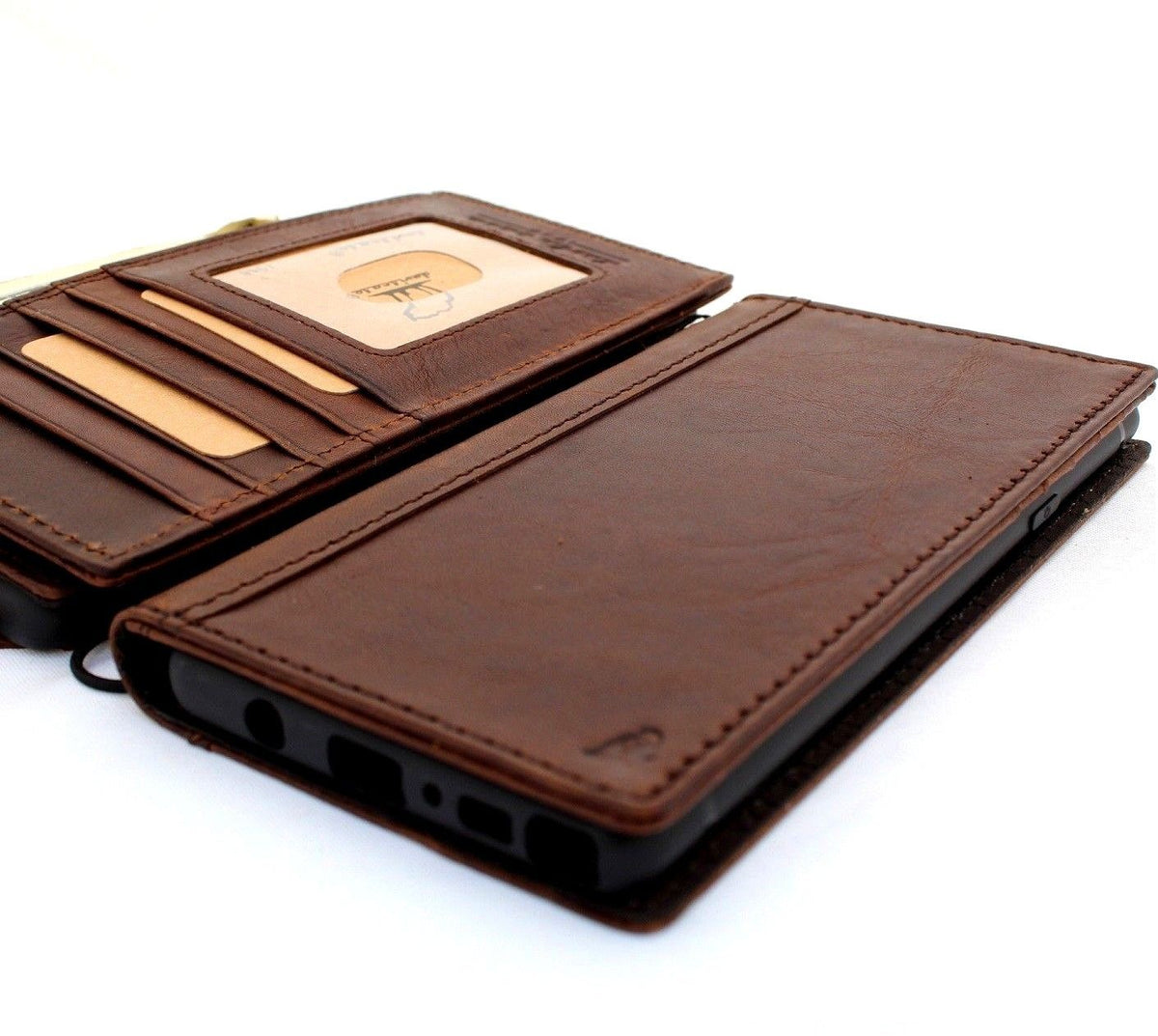 Dark brown genuine vintage leather Samsung Galaxy Note 9 wallet case with card slots, handmade by DAVISCASE.