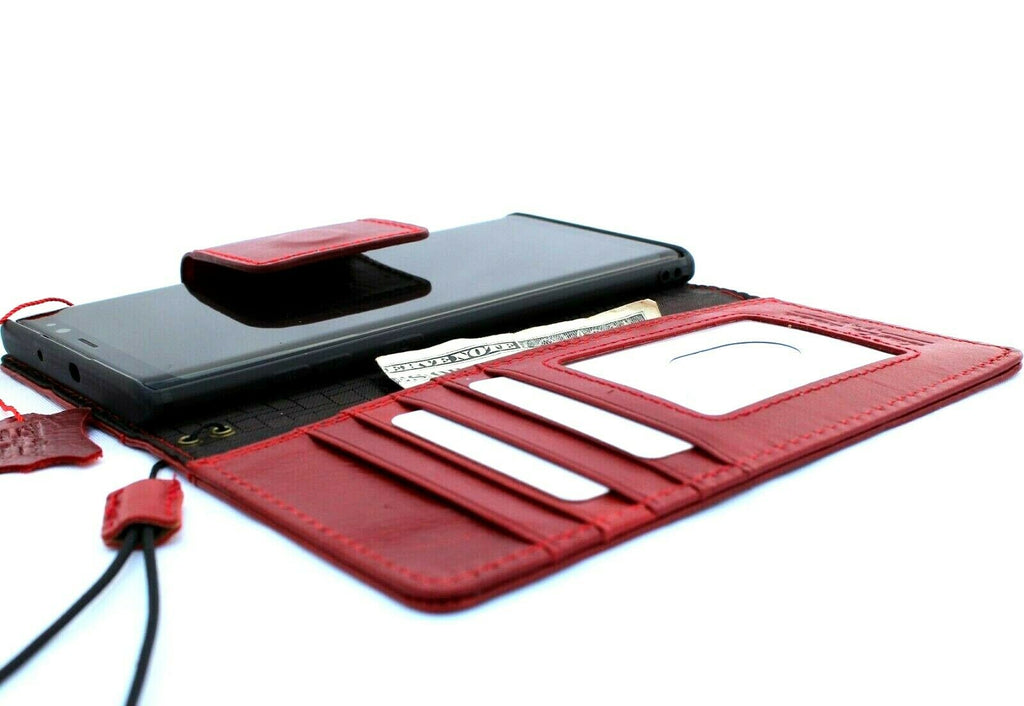 Red genuine full leather Samsung Galaxy Note 10 Plus case with wallet flip design, card slots, soft strap, and magnetic closure.