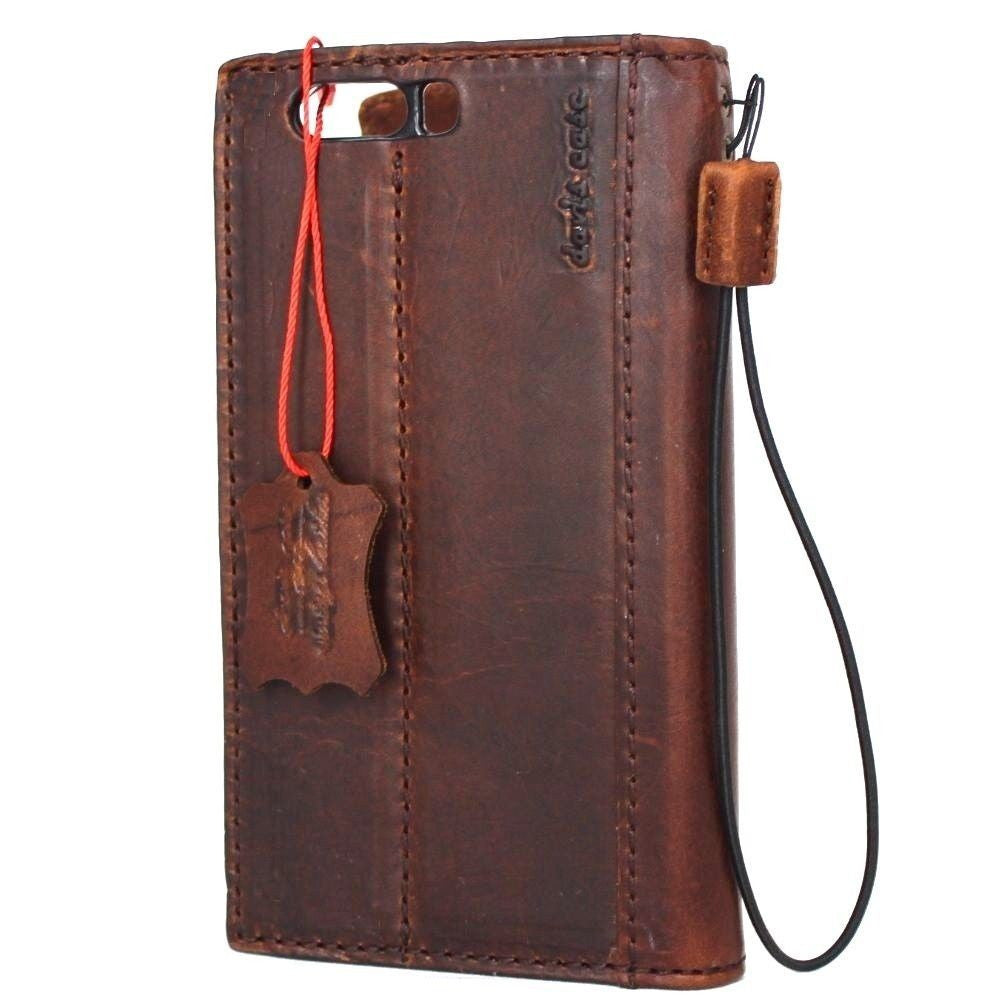 Handmade genuine brown leather phone case for Huawei P10 Plus with card slots, slim book wallet style, retro design.