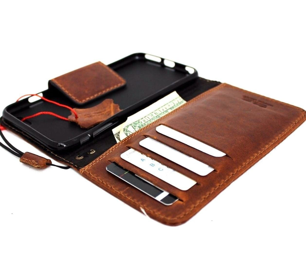Handmade genuine leather phone case for iPhone and Samsung Galaxy models, featuring a vintage wallet design with magnetic closure.