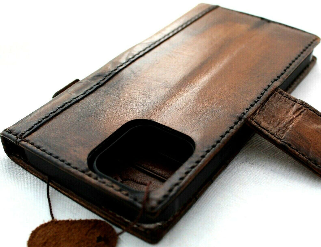 Handmade genuine oiled leather wallet case for iPhone 12 Pro Max with ID window, credit card slots, and vintage book style design.