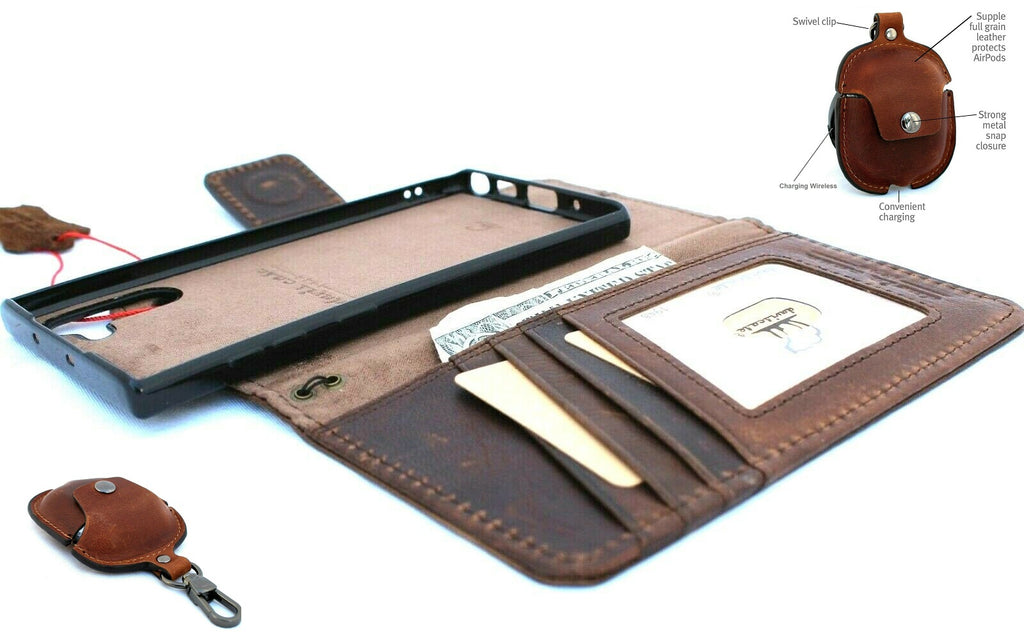 Handmade genuine full leather Samsung Galaxy Note 10 wallet case with removable strap, soft book cover, and AirPods 2.