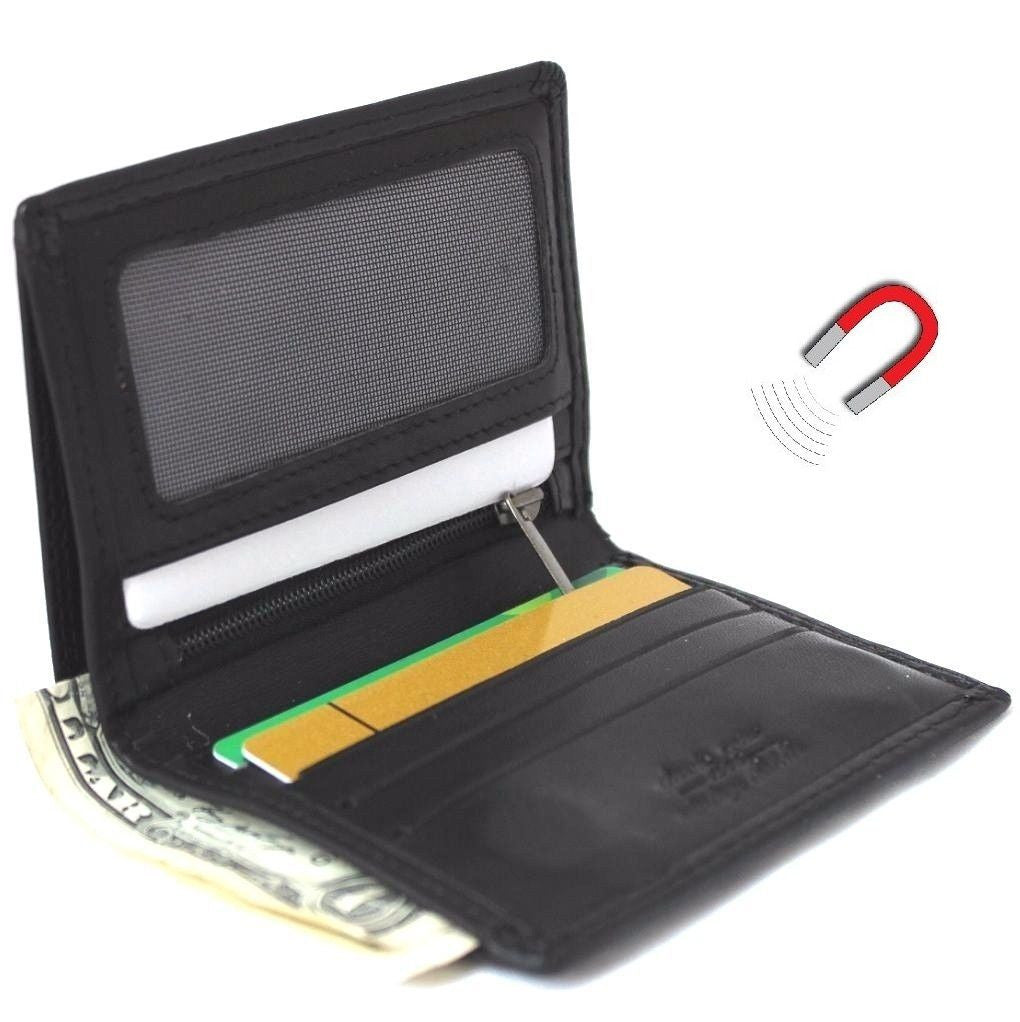 Men's slim black genuine leather mini wallet with card slots, coin zipper, and magnetic closure, soft and compact for everyday use.