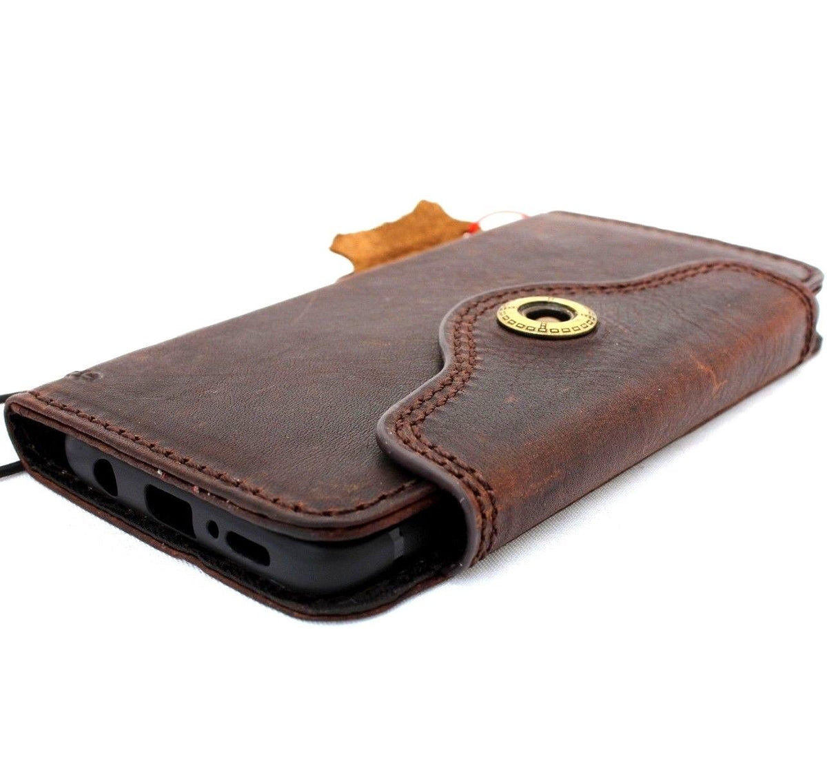 Handmade genuine leather wallet case for Samsung Galaxy S9 with Jafo design, dark color, suitable for wireless charging.