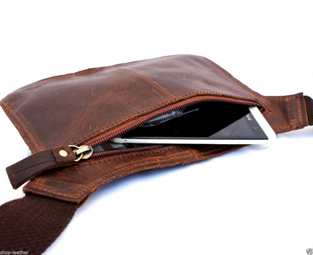Genuine dark brown leather men's shoulder wallet bag by DAVISCASE with waist pouch and crossbody strap, front view.