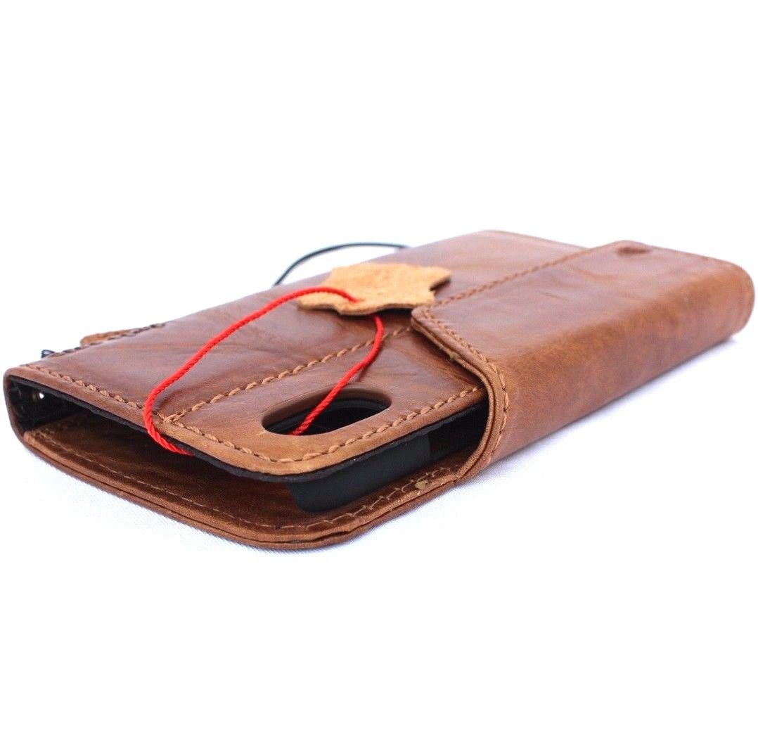 Bright brown genuine leather iPhone X book wallet case with card slots, magnet closure, slim vintage design by Daviscase.