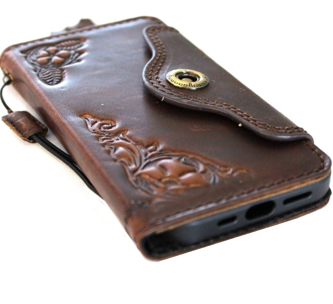 Handmade genuine leather wallet case for Apple iPhone 11-15 Pro Max, vintage style with stamping and full grain leather by DAVISCASE.
