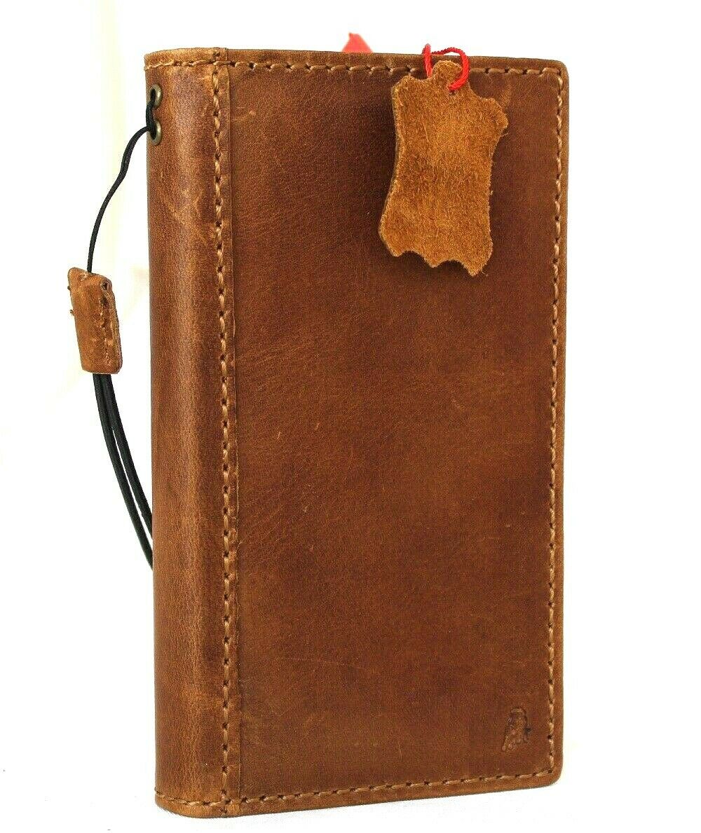 Genuine tan leather iPhone 12 Pro case by DAVISCASE, handmade vintage-style book wallet with ID window and credit card slots.