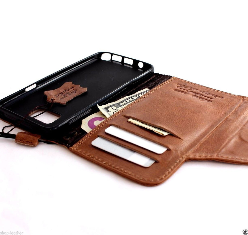 Light brown genuine leather Samsung Galaxy Note 5 wallet case with magnetic closure and vintage slim design.