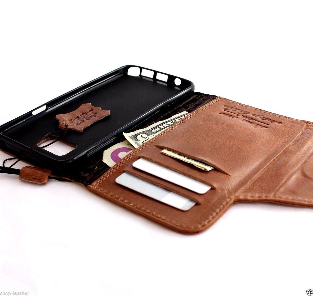 Light brown genuine leather Samsung Galaxy Note 5 wallet case with magnetic closure and vintage slim design.