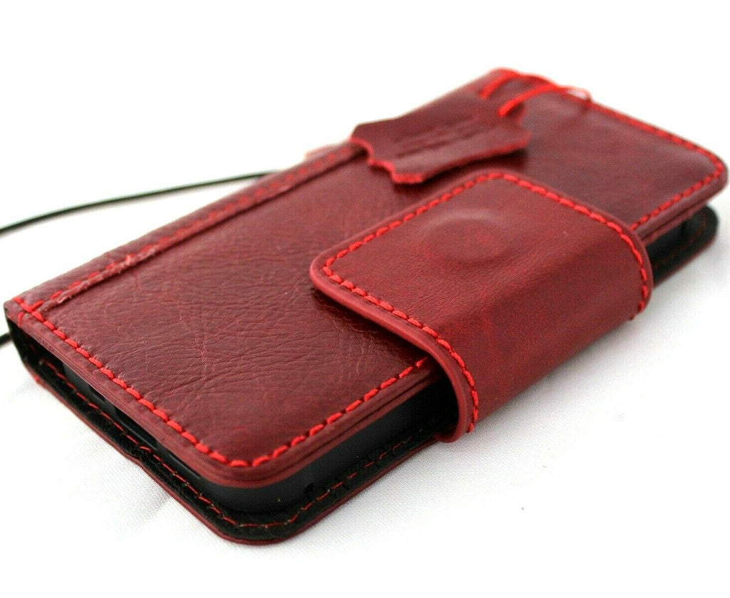 Genuine red leather iPhone 12 Mini case by DAVISCASE with vintage book wallet design, soft magnetic closure, holds credit cards.
