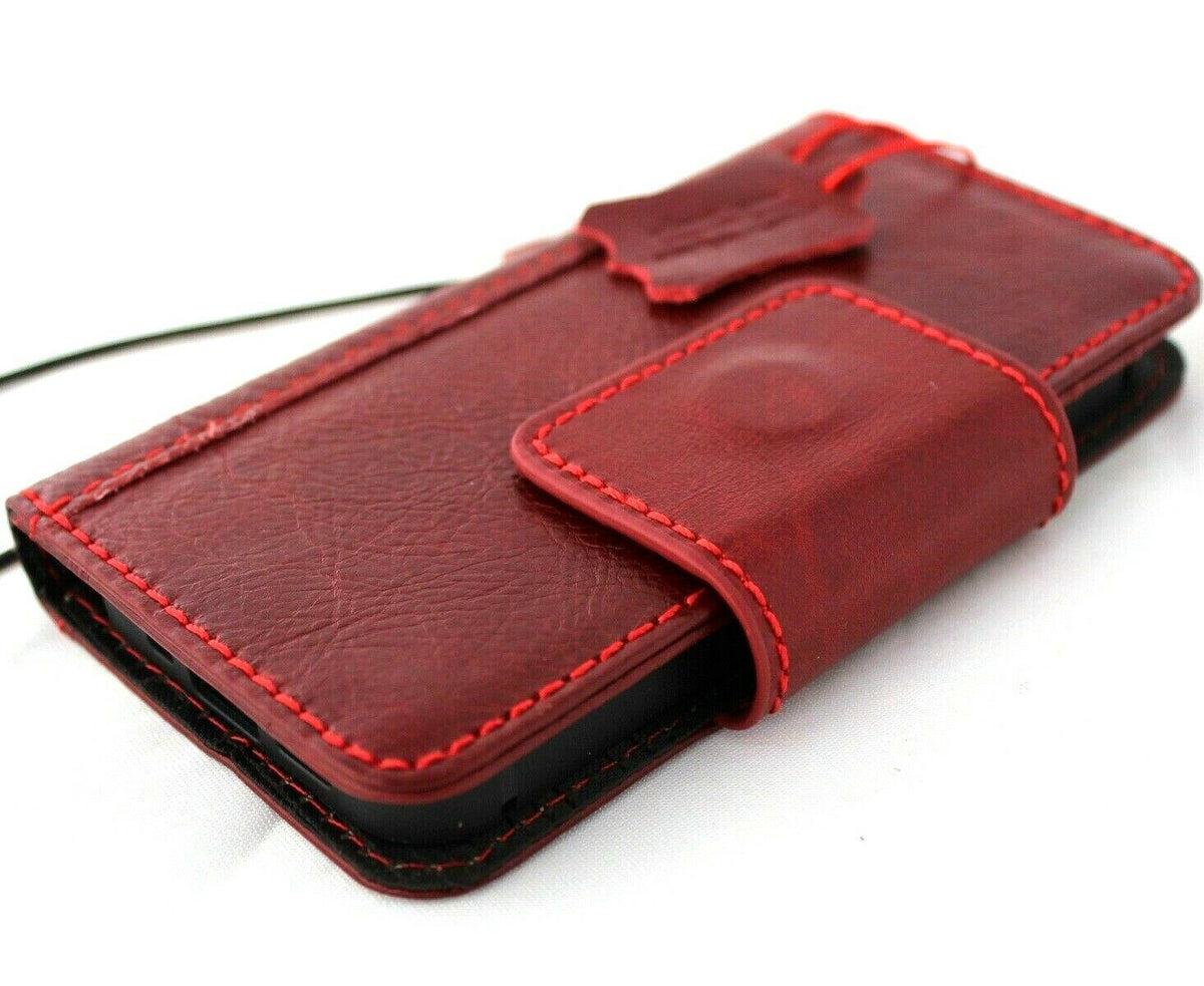 Genuine red leather iPhone 12 Mini case by DAVISCASE with vintage book wallet design, soft magnetic closure, holds credit cards.